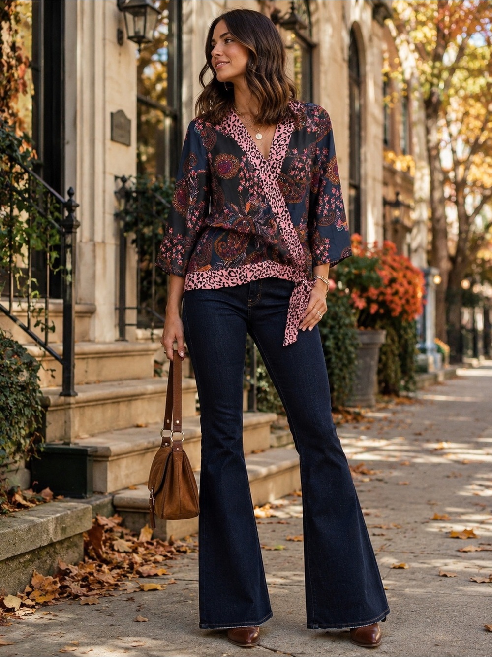 Dressbarn NWT Paisley Leopard Wrap Tie Blouse Size L Boho 70s